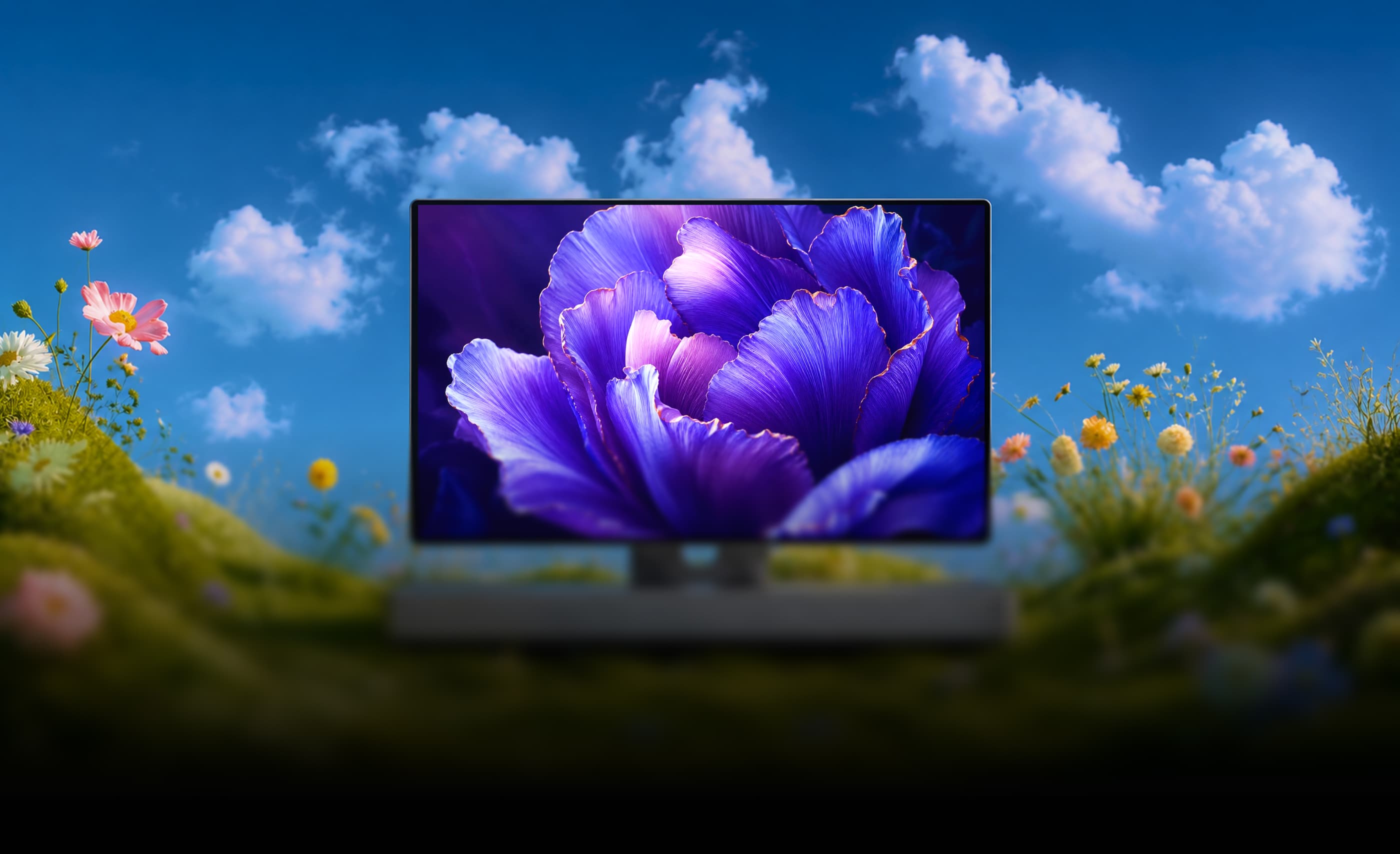 Lush meadow under a vivid blue sky — a scenic wallpaper background
